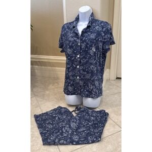 Lauren Ralph Lauren Blue Paisley Cotton Pajama Set size L Capri Short sleeve